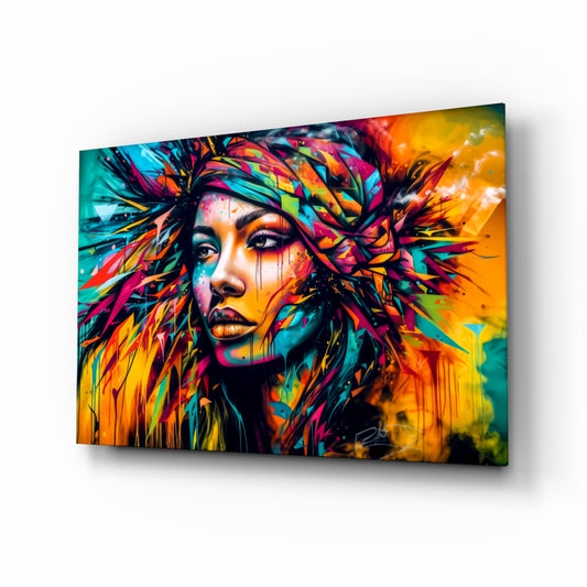 Beauty glass wall art displayed above a velvet bench in a contemporary salon