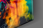Leafed-muse artwork anchoring a wall with saffron-and-teal palette