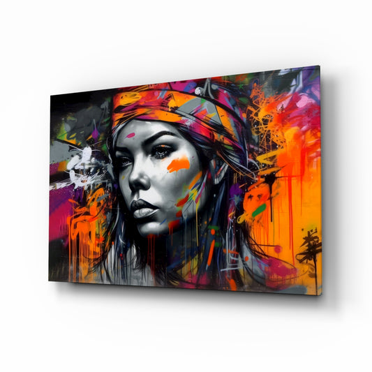 Peaceful Mind glass wall art displayed above a velvet bench in a contemporary salon