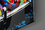 Flower-power-muse artwork anchoring a wall with scarlet-and-emerald palette