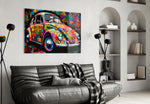 Flowering VW glass wall art styled above a sideboard in a media room