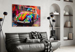 Colorful VW glass wall art styled above a daybed in a child's bedroom