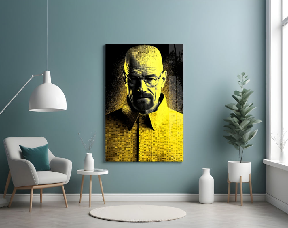 Heisenberg glass wall art styled above a sideboard in a study