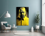 Heisenberg glass wall art styled above a sideboard in a study
