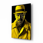 Heisenberg glass wall art displayed above a leather sofa in a moody man cave