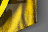 Porkpie-muse artwork anchoring a wall with canary-and-onyx palette
