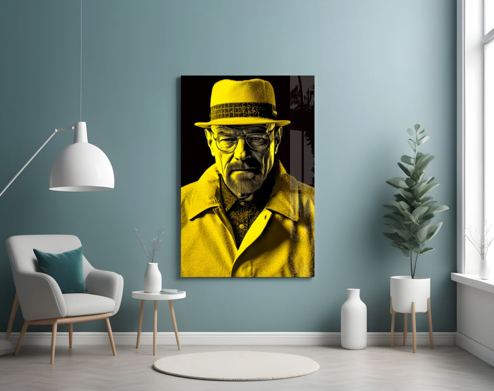 Heisenberg glass wall art styled above a sideboard in a study