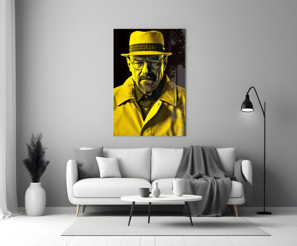 Heisenberg close-up showing canary porkpie hat and yellow coat