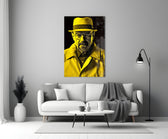 Heisenberg close-up showing canary porkpie hat and yellow coat