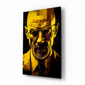 Heisenberg glass wall art displayed above a leather sofa in a moody man cave