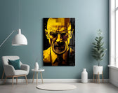 Heisenberg glass wall art styled above a sideboard in a study
