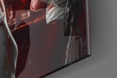 Hollywood-muse artwork anchoring a wall with crimson-and-graphite palette