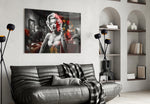 Marilyn in the Bar glass wall art styled above a vanity in a dressing room