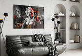Marilyn in the Bar glass wall art styled above a vanity in a dressing room