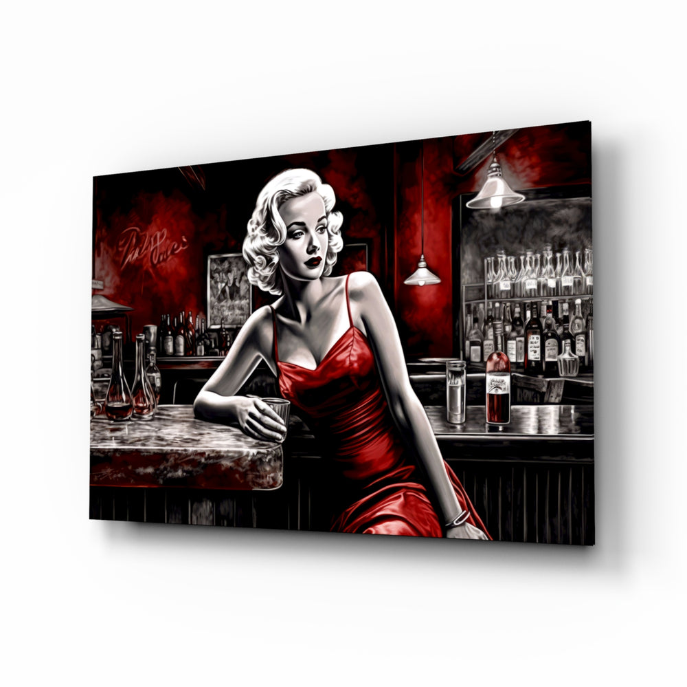 Marilyn in the Bar glass wall art displayed above a sideboard in a bar wall