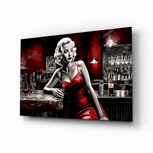 Blonde Bombshell at the Bar Glass Wall Art || Designer Collection