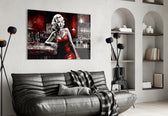 Marilyn in the Bar glass wall art styled above a vanity in a dressing room
