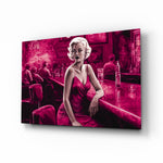 Marilyn in the Bar glass wall art displayed above a sideboard in a bar wall