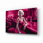Marilyn in the Bar glass wall art displayed above a sideboard in a bar wall