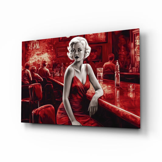 Blonde Bombshell at the Bar Glass Wall Art || Designer Collection