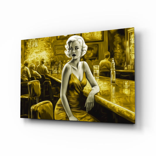 Blonde Bombshell at the Bar Glass Wall Art || Designer Collection
