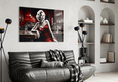 Marilyn in the Bar glass wall art styled above a vanity in a dressing room