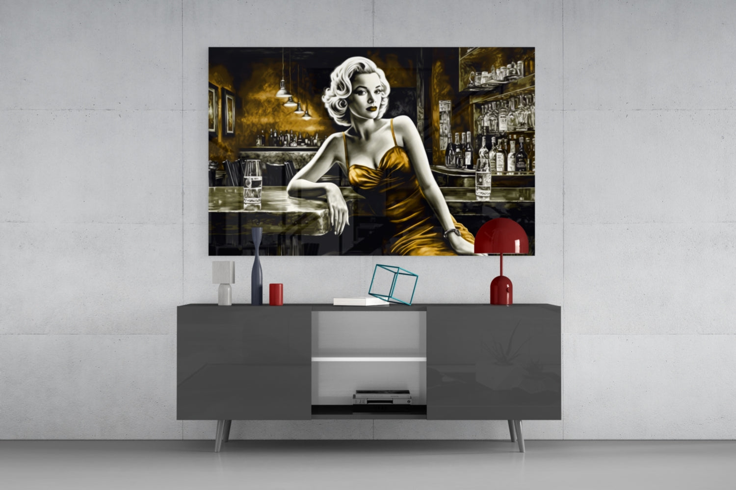 Marilyn in the Bar Glass Wall Art || Designer Collection.