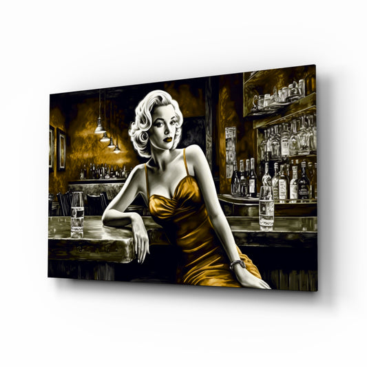 Blonde Bombshell at the Bar Glass Wall Art || Designer Collection
