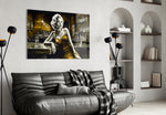 Marilyn in the Bar glass wall art styled above a vanity in a dressing room
