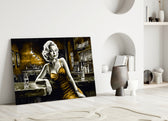 Marilyn in the Bar close-up showing amber satin slip dress and honey-gold bar