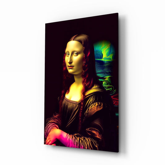 Mona Lisa V2 glass wall art displayed above a console in a gallery hallway