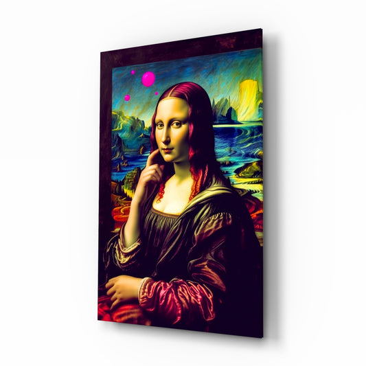 Mona Lisa V2 glass wall art displayed above a console in a gallery hallway
