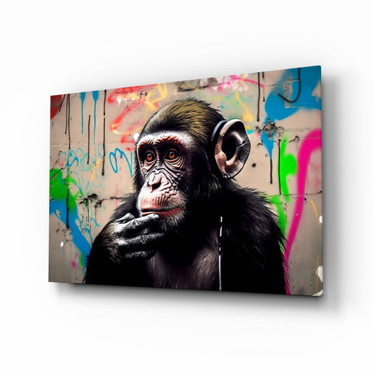 Thinking Monkey glass wall art displayed above a sofa in a contemporary loft