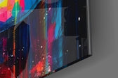 Feminine-muse artwork anchoring a wall with spectrum-drip palette