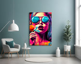 Lollipop glass wall art styled above a desk in a creative office
