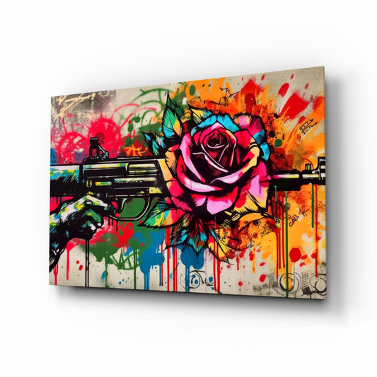 Rose Bullet glass wall art displayed above a sofa in a contemporary loft