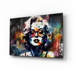 Marilyn Monroe glass wall art displayed above a vanity in a dressing room