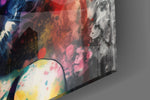 Hollywood-muse artwork anchoring a wall with watercolor-bleed palette