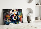 Marilyn Monroe close-up showing crimson-lens sunglasses and watercolor bleed