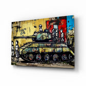Children of War glass wall art displayed above a sofa in a contemporary loft
