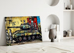 Children of War close-up showing tank, children and graffiti wall