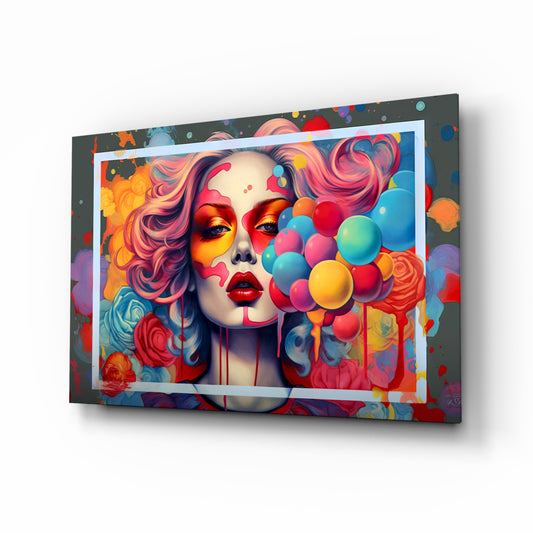Balloons and the Kiss glass wall art displayed above a vanity in a dressing room