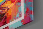 Romantic-muse artwork anchoring a wall with oil-faceted-bubble palette