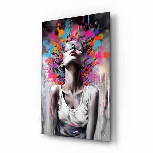 Colors in My Head glass wall art displayed above a desk in a creative office