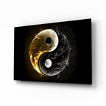 Ying Yang glass wall art displayed above a meditation cushion in a yoga studio
