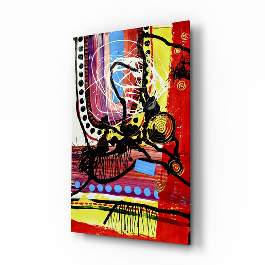 Dance of Abstract Lines glass wall art displayed above a desk in a creative office