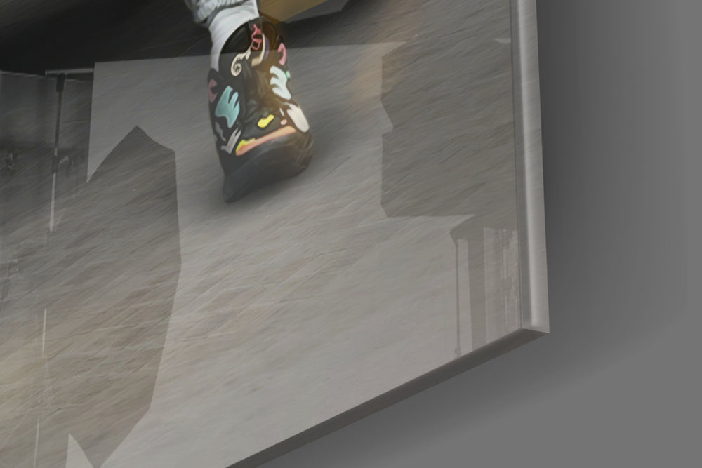 Basketball-legend artwork anchoring a wall with throne-and-rocket palette