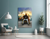 James Harden glass wall art styled above a sideboard in a media room