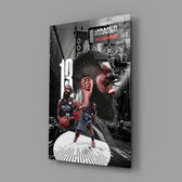 Editorial-collage panel bringing cinematic glow to a sports lounge