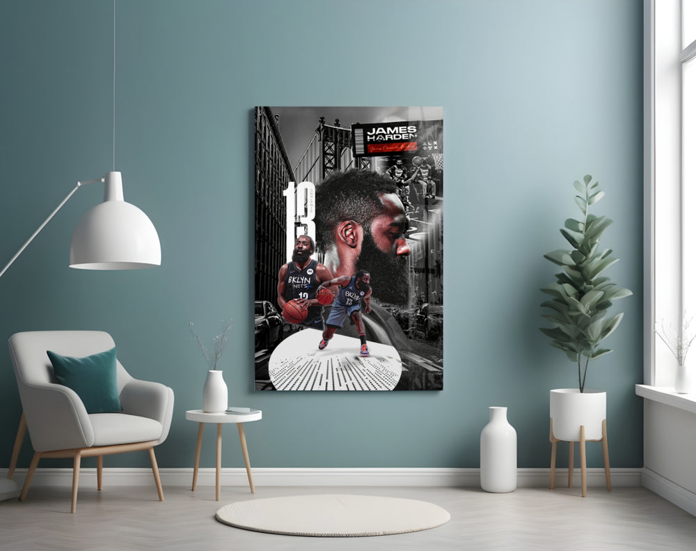 James Harden glass wall art styled above a sideboard in a media room